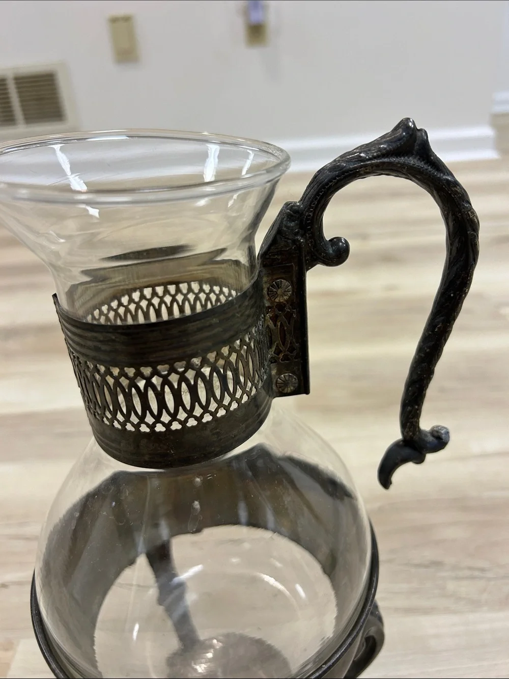 Ornate Glass Coffee Carafe with Bronze-Tone Metal Handle and Stand - Brown